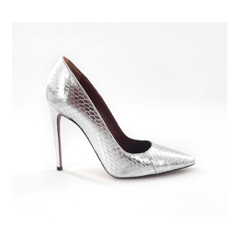 MISSONI‎ Silver Metallic Snake Python Pointed Toe Leather Pumps NEW 37 6 6.5